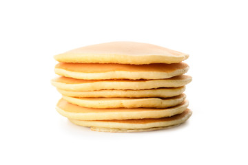 Stack of tasty pancakes on white background