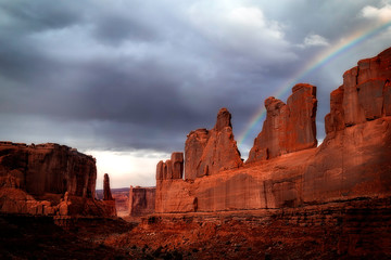 Rainbow over Park Ave Viewpoint in Arches National Park