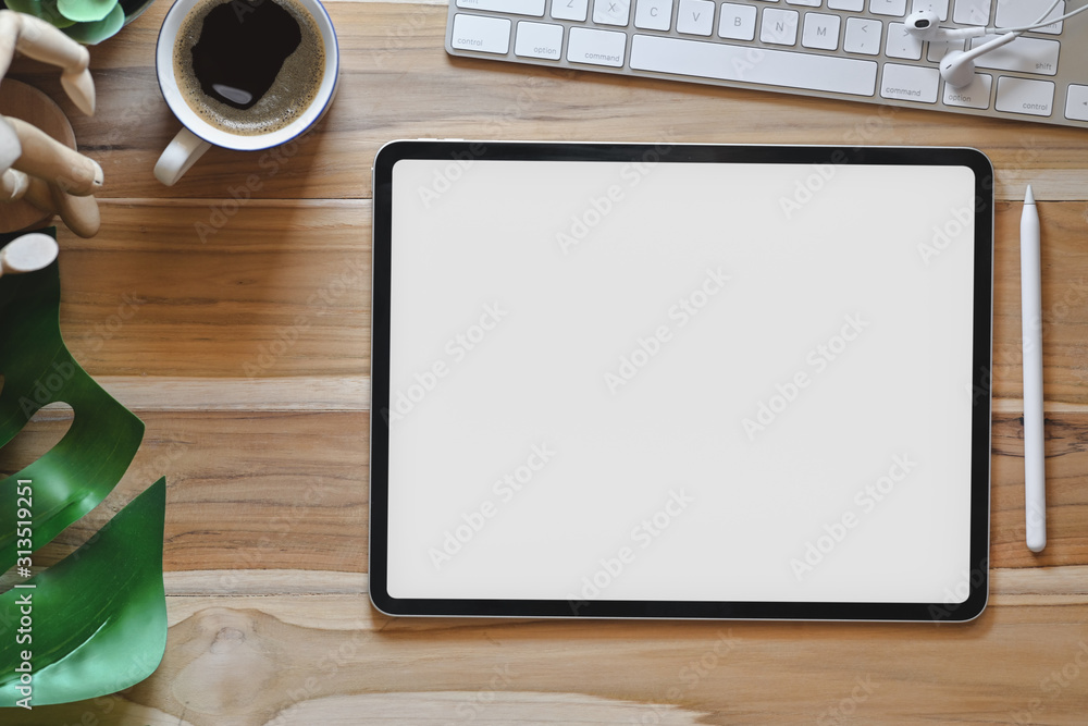 Canvas Prints top view of modern workplace with comfortable workplace with blank screen tablet