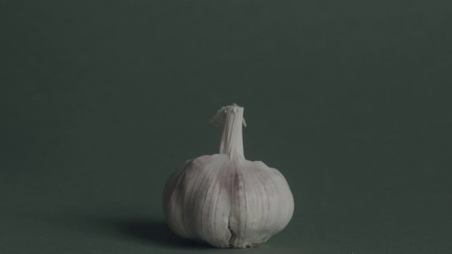 The head of garlic on the green background