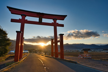 Sunset sky and torii gate in Nagano Japan