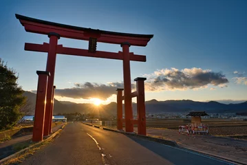 Zelfklevend Fotobehang Sunset sky and torii gate in Nagano Japan © taka