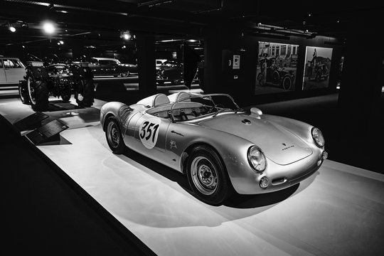 Porsche 550 Spyder. Legendary first Porsche racing car. Vintage racing car on cars exhibition. Classic Car exhibition - Heydar Aliyev Center, Baku, Azerbaijan - 26,04,2017