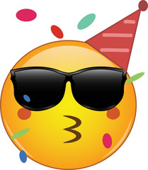 Cool party emoji celebrating birthday! Yellow face emoticon wearing shades and a party hat, kissing lips or whistling as confetti floats around its head. Expression of celebration, fun, awesome.	