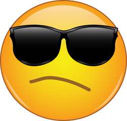 Awesome snobbish and arrogant emoji wearing sunglasses. Yellow face emoticon wearing shades and having small, intent frown as a sign of arrogance and being full of oneself. 