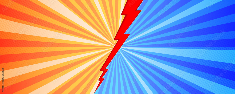 Poster pop art background of comparison with red lightning and rays on expressive background. vs battle cha