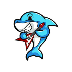 Cartoon blue doplhin play electric guitar