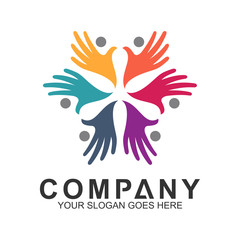 hand care and community logo,charity and kids symbol,colorful hand and people icon