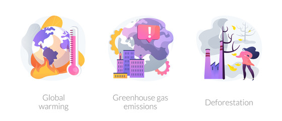Forest clearcutting problem. Climate change. Greenhouse effect, planet pollution. Global warming, greenhouse gas emissions, deforestation metaphors. Vector isolated concept metaphor illustrations