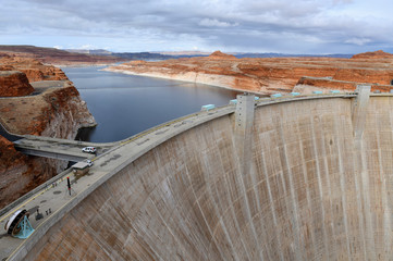 Glen Canyon Dam on Colorado River which creates Lake Powell near Page Arizona