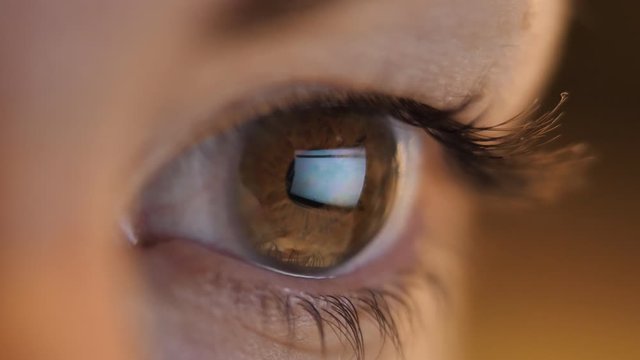 reflection of a laptop in a woman's eye, woman working on a laptop, macro shot