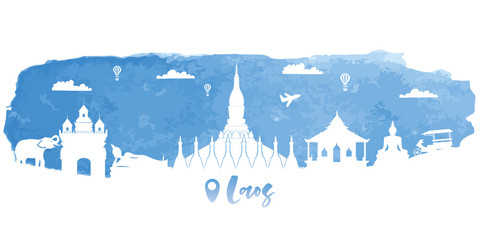 Travel Laos panorama postcard, poster, tour advertising of world famous landmarks in paper cut style. Vectors illustrations