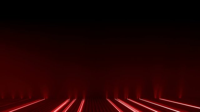 Glowing red neon tubes and free space. Seamless loop 3D render animation with DOF