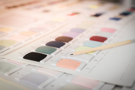 pencil and color samples palette of fabric. For fashion designs and decoration, Start up business.