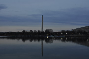 View of Washington monument and ducks on a lake