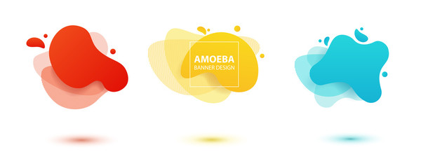 Amoeba liquid design. Dynamical colored forms of amoeba. Modern banner template for logo, flyer, presentation design. Yellow, red, blue colors.