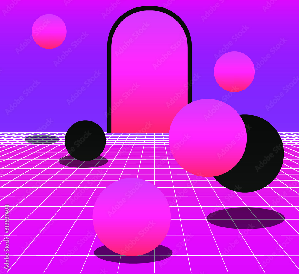 Poster Surreal synthwave landscape with neon laser grid, arch and floating spheres in zero gravity. Disco retrofuturistic background in vaporwave and retrowave 80s-90s style.