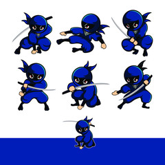 Blue cartoon ninja action set with six different © fzr design