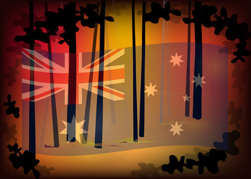 Australia forest fire, Pray for australia with Australian national flag and forest fire background, Save australia concept, sign symbol background, vector illustration.