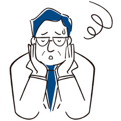 手描き1color 中年ビジネスマン　頬杖　悩む　クラシックブルー