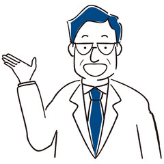  	手描き1color 中年ビジネスマン　紹介　クラシックブルー