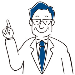 手描き1color 中年ビジネスマン　指さし　クラシックブルー