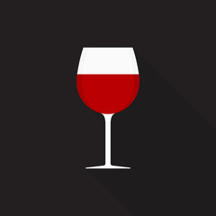 Wine glass icon with long shadow on gray background, flat design style