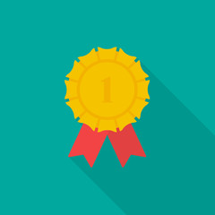 Badge with ribbons icon with long shadow on blue background, flat design style