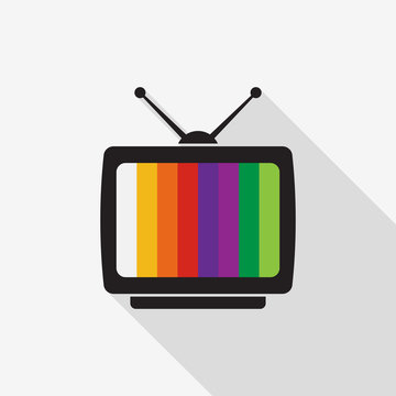 TV icon with long shadow on gray background, flat design style