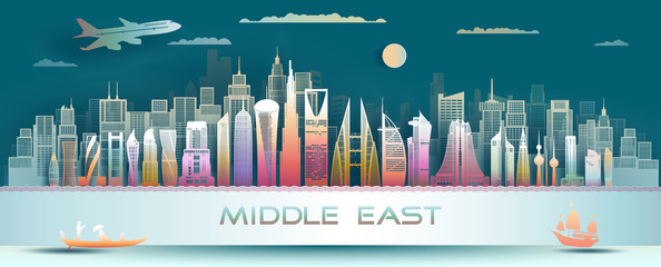 Middle east landmarks of asia with colorful  modern architecture background.