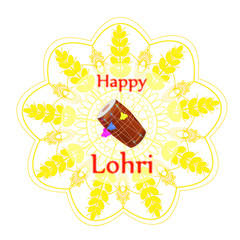 Happy Lohri greeting card, for Indian winter harvest festival. Festive attribute - dhol drum on background of mehendi flower or mandala pattern with ears of wheat, invitation, flyer, label, sticker