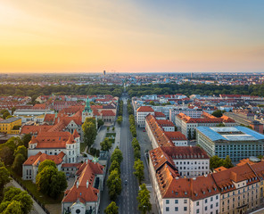 Munich city at sunrise made by adrone view, urban photo.