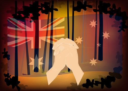 Australia forest fire, Pray for australia with Parying hands on Australian national flag and forest fire background, Save australia concept, sign symbol background, vector illustration.