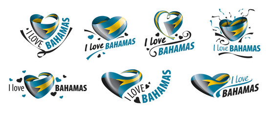 National flag of the Bahamas in the shape of a heart and the inscription I love Bahamas. Vector illustration
