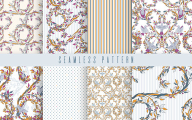 Abstract nature small seamless pattern set. Ethnic ornament, floral print, textile fabric, botanical