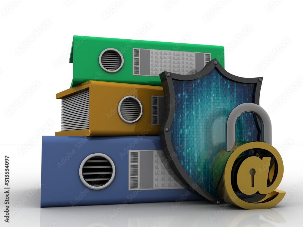 Poster 3d rendering E-mail symbol lock with folder. Internet security concept