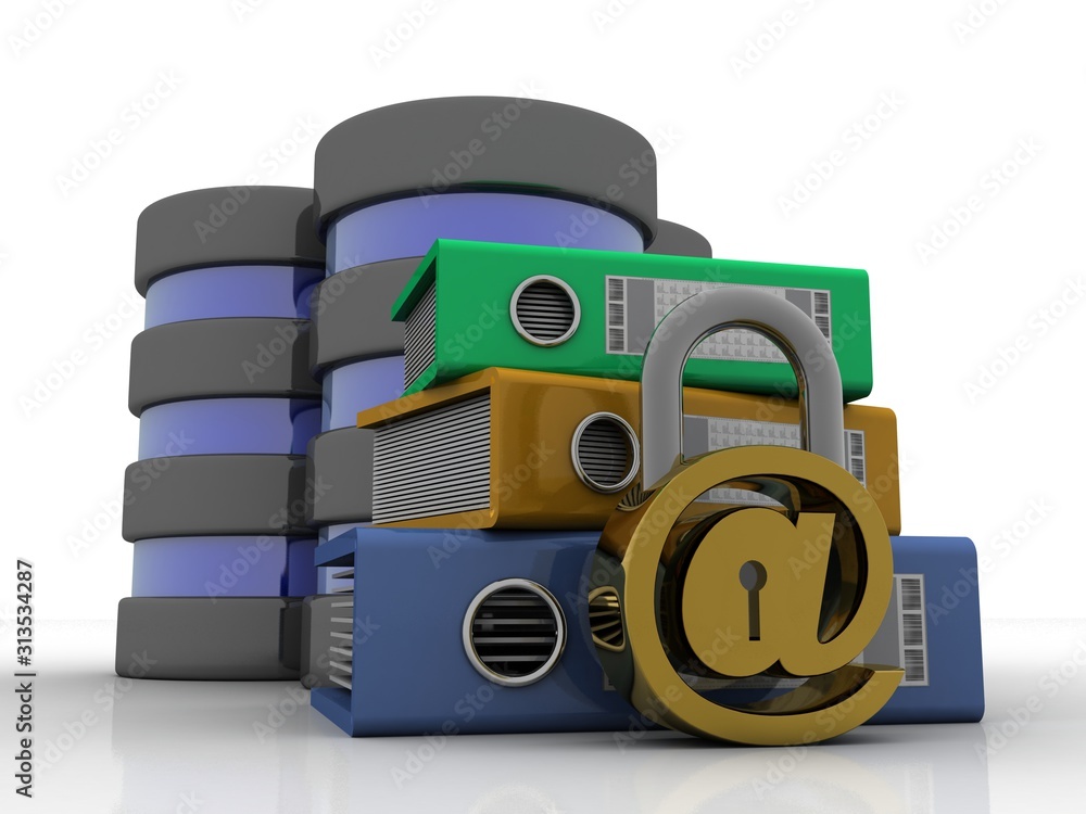 Poster 3d rendering e-mail symbol lock with folder database. internet security concept