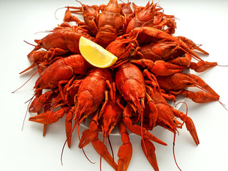 A large portion of boiled crayfish on a plate.