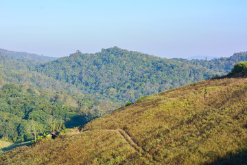 Summer mountain view in Thailand,High view beautiful nature landscape of the mountain sky and forest in the morning on the hilltop viewpoint at Phu Thap Berk attractions of Phetchabun Province Thailan