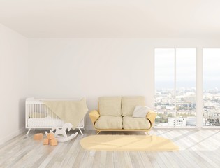 Interior of the bright room with a crib and a sofa. Large panoramic windows. 3D rendering. 3D illustration.