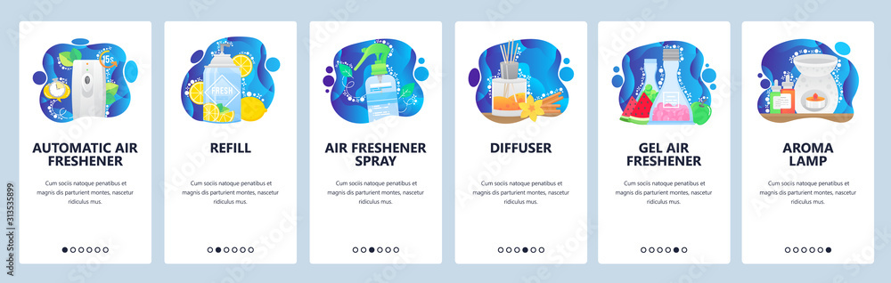 Poster aroma diffuser, automatic air freshener, aroma lamp, spray. mobile app onboarding screens. menu vect