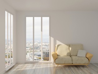 Interior of the room with panoramic windows. Sofa with a cushion. Parquet and white walls. 3D rendering. 3D illustration.