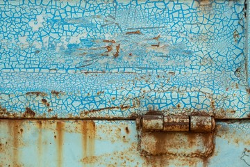Close-up, the surface texture of the truck's metal panel is full of rust and crack