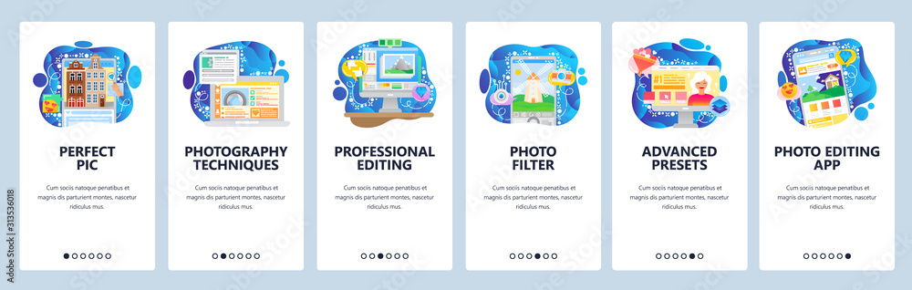 Aufkleber photo editor software, smartphone application, photo filter. mobile app onboarding screens. menu vec