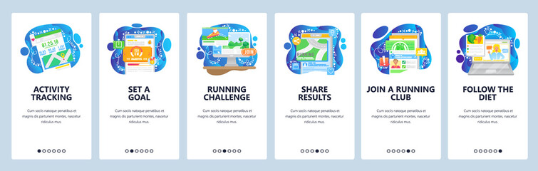 Sport activity tracket and fitness mobile app, set a gol and share results. Mobile app onboarding screens. Menu vector banner template for website and development. Web site design flat illustration