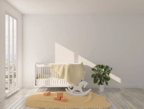 Interior of the children's room with panoramic windows, crib and toys on the floor. Sun light and a carpet on the floor. 3D rendering. 3D illustration.