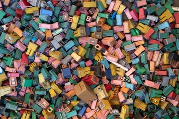 many color and size of automobile fuse for recycling.
