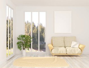 Interior of the room with an empty poster template on the wall. Panoramic windows and sofa. 3D rendering. 3D illustration.