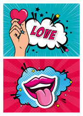 set of hand with heart and mouth pop art style vector illustration design