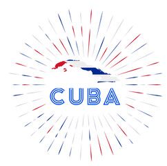 Cuba sunburst badge. The country sign with a map of Cuba and the Cuban flag. Colorful rays around the logo. Vector illustration.